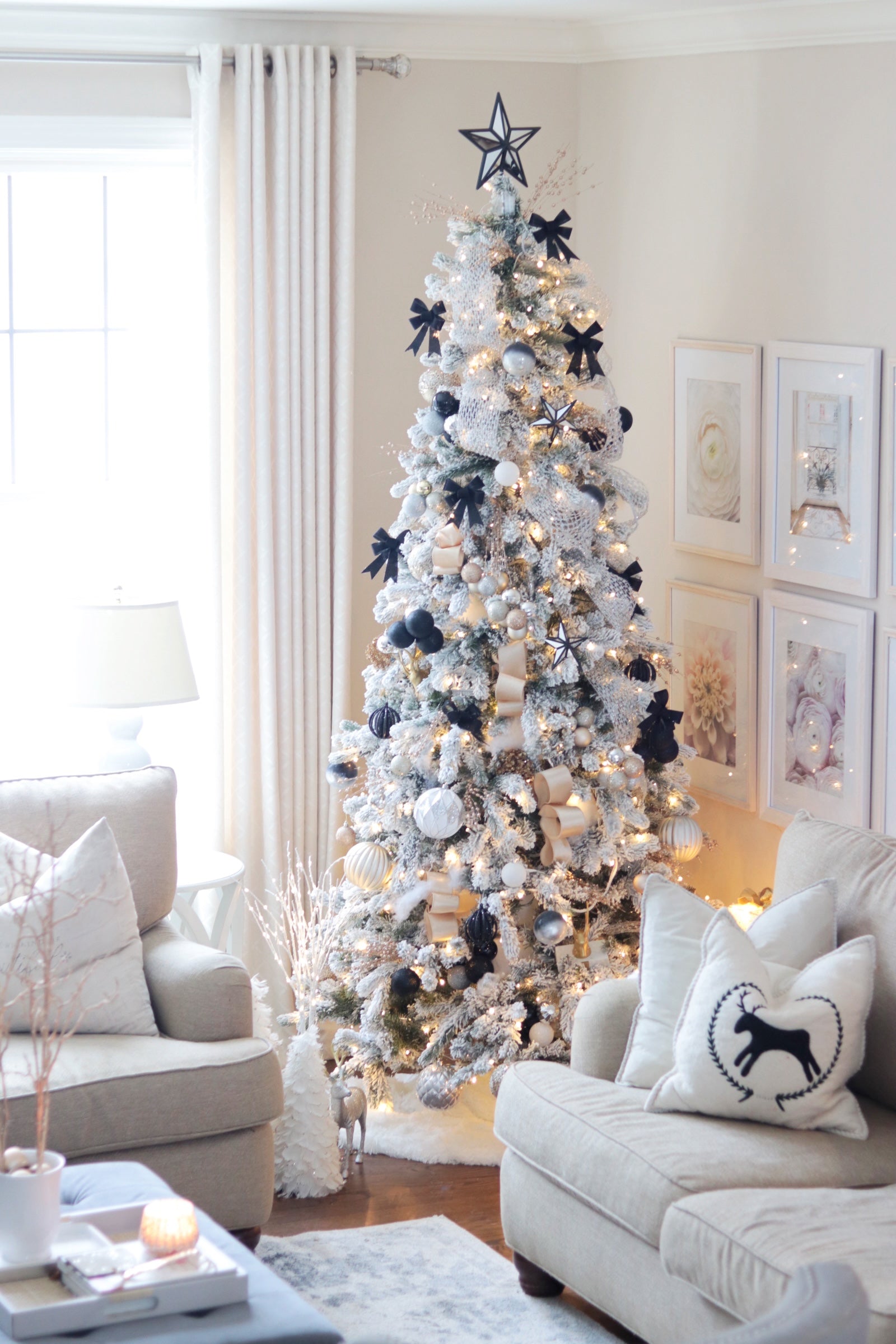 7.5' King Flock® Slim Artificial Christmas Tree with 650 Warm White LED Lights